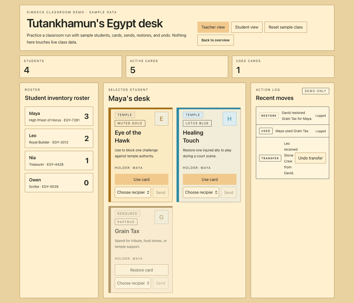 SimDeck teacher demo showing a student roster, Maya’s cards, and a recent-moves log.