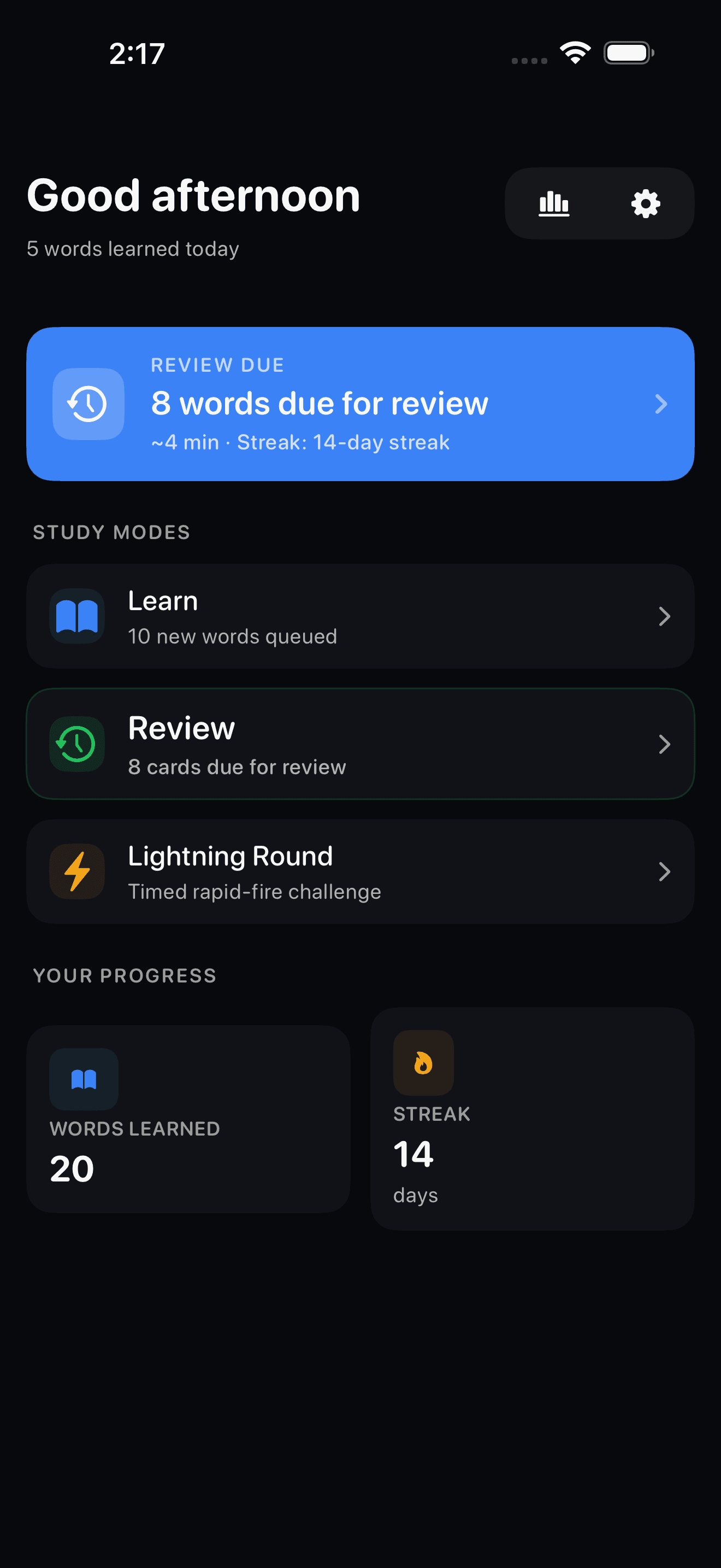 WordRush dashboard showing eight words due for review and three study modes.