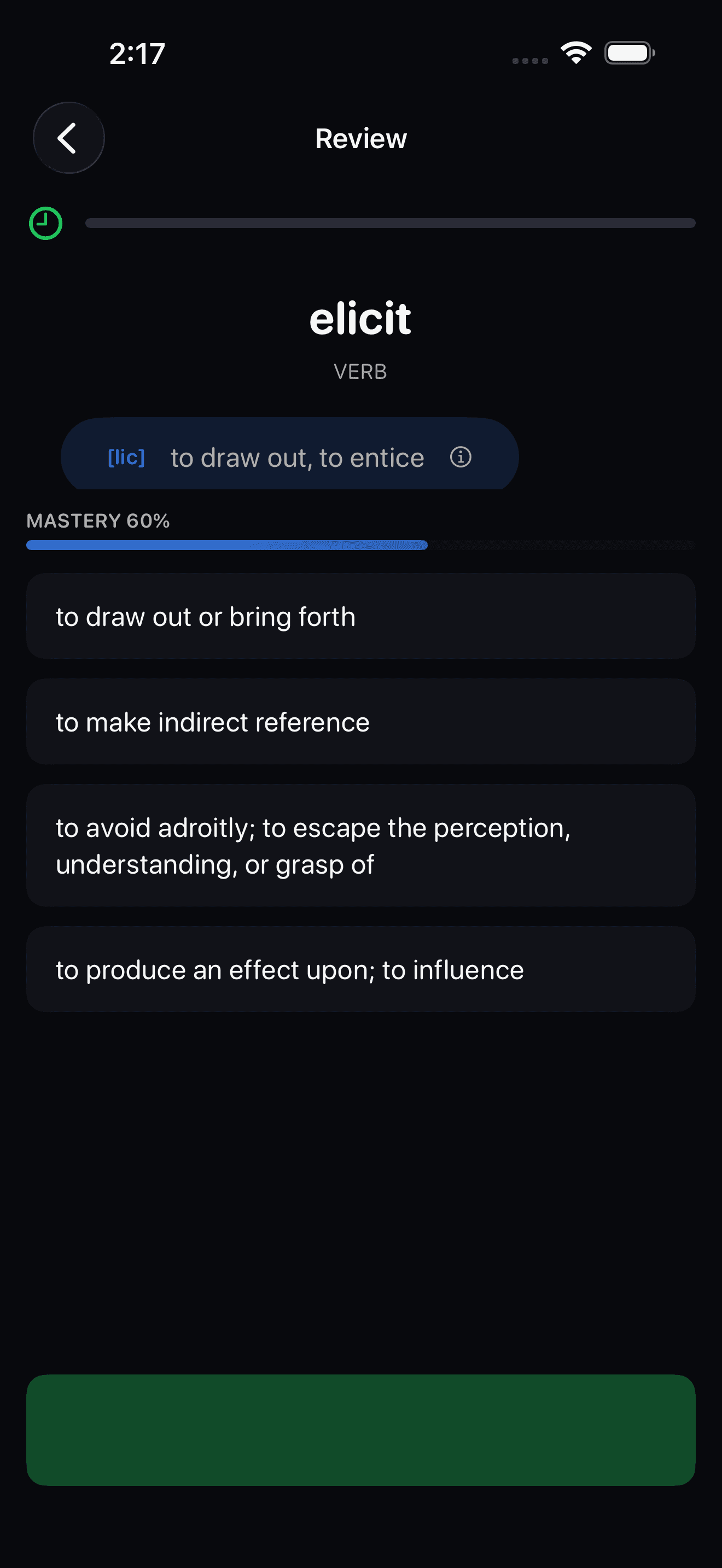 WordRush review question for the word elicit with mastery progress and four answers.
