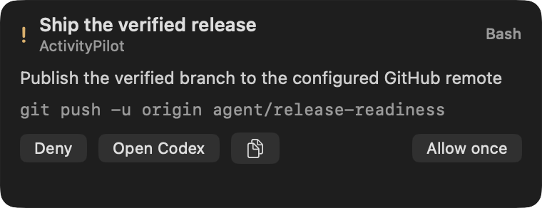 Cowlick approval view for a Bash command, with Deny, Open Codex, Copy, and Allow once actions