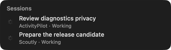 Cowlick session list showing ActivityPilot and Scoutly working independently
